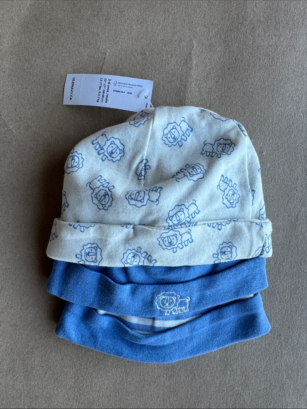NWT Carter's Cream & Blue Lion Print Baby Beanie Set - 3 Pack Newborn